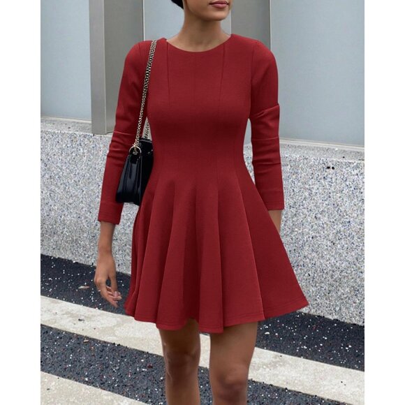 Women  Red High Waist Pleated Flowy A Line Long Sleeve Casual Fall Dress - Picture 2 of 5